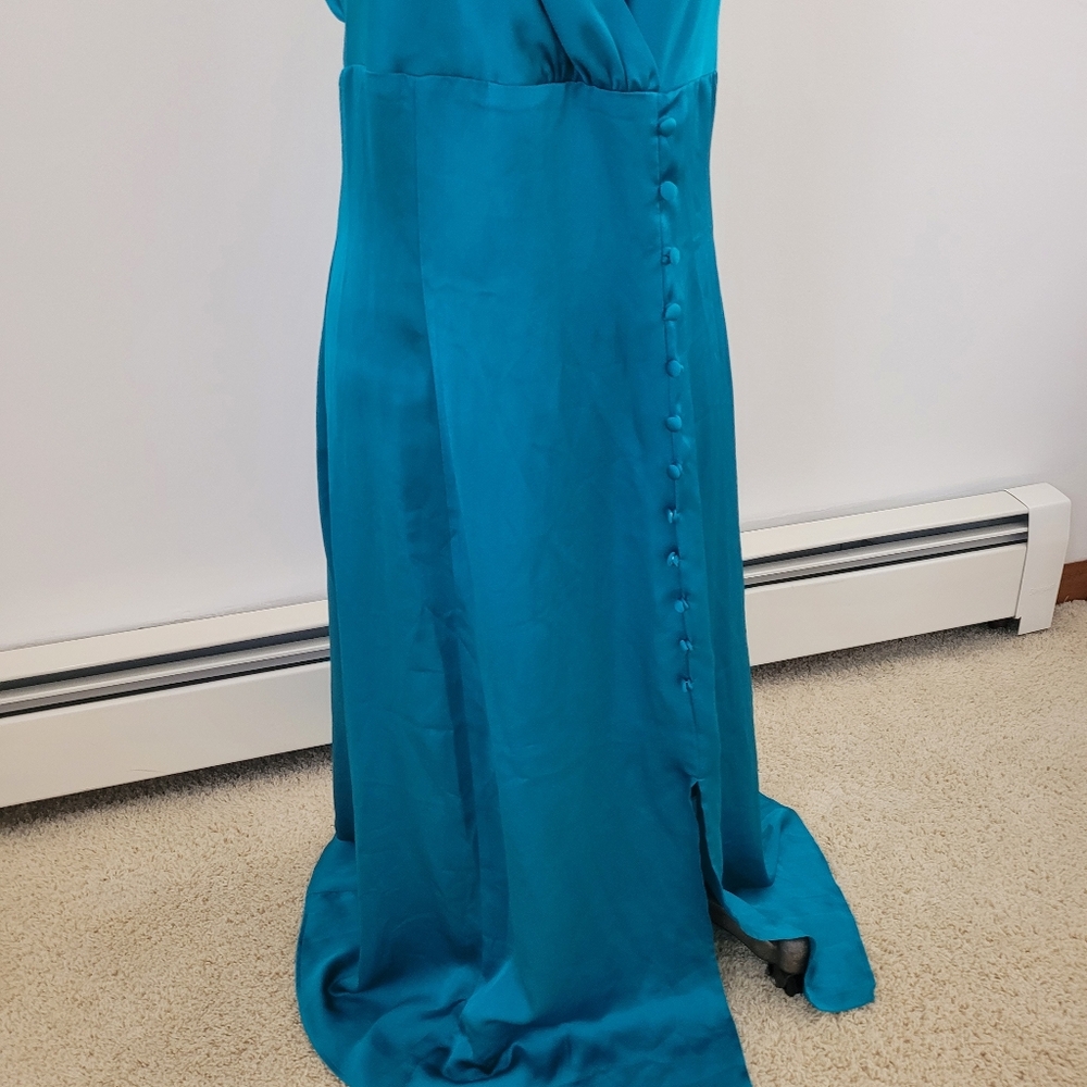 Maison Tara Teal Button Front Slip Dress 90s Minimalist Cocktail 8 View 4